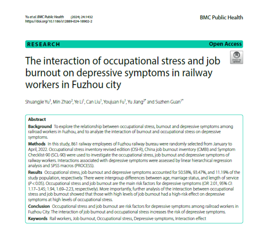 The interaction of occupational stress and job burnout on depressive symptoms in railway workers in Fuzhou city